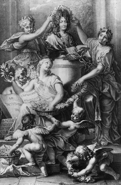 Gerard Edelinck（1640-1707）1694によって刻まれた「フレンチアカデミー辞書」の口絵 作： Jean Baptiste Corneille